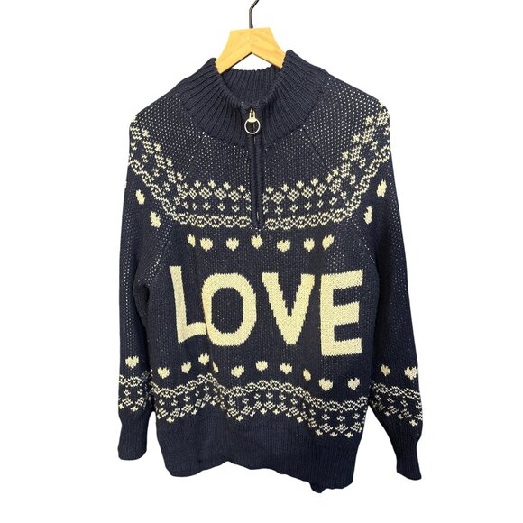 Aerie Navy Blue & White Love Patterned Oversized Sweater Size M With Half-Zip Cl - Picture 2 of 6